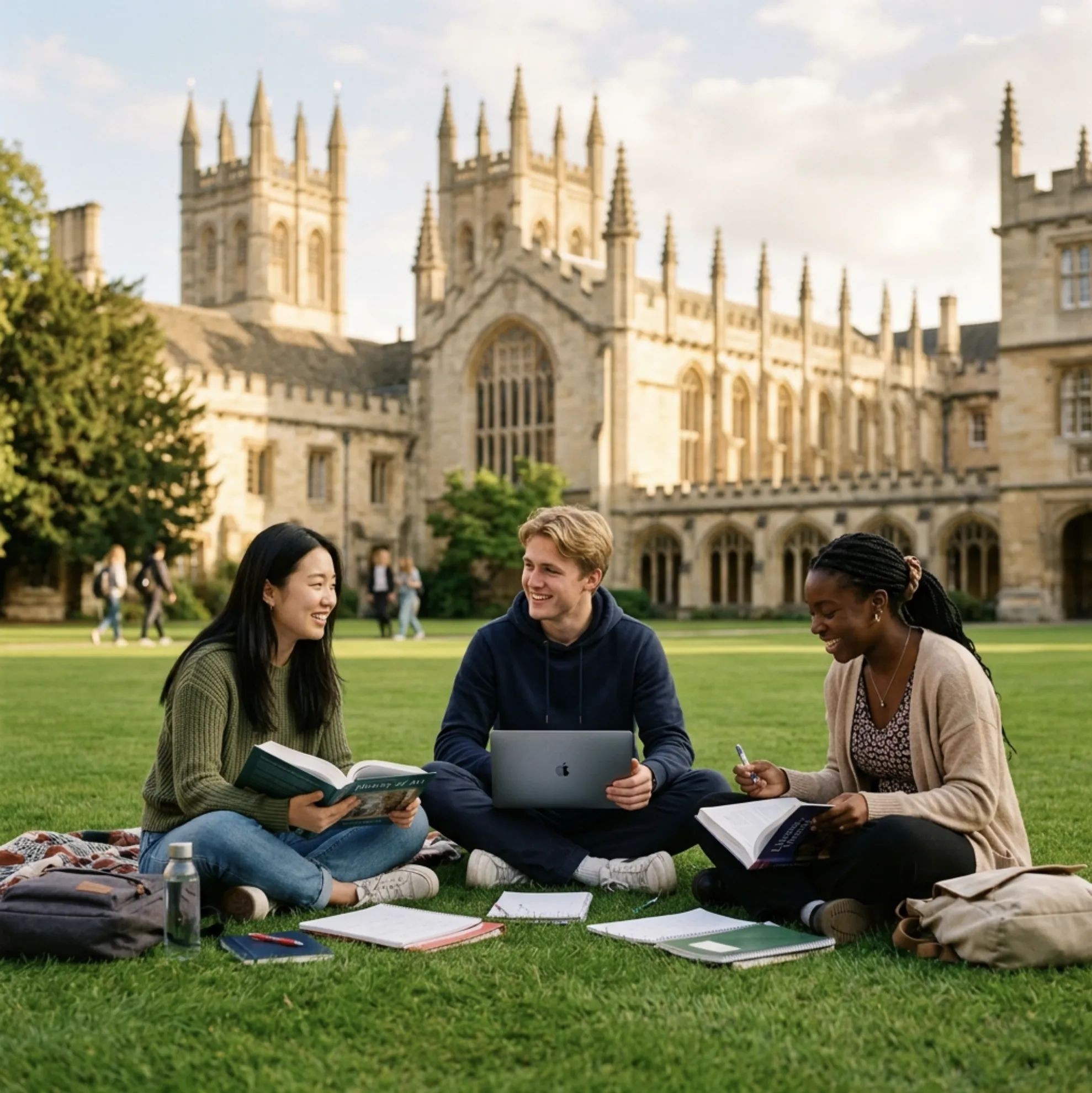 Diverse students studying together at a prestigious UK university campus